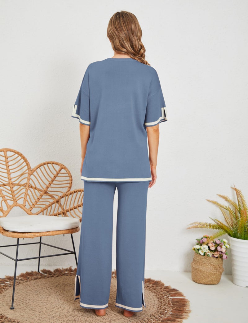 Tanming Sweater Sets Women 2 Piece Lounge Sets Short Sleeve Knit Pullover Tops Wide Leg Pants (Blue-L) - Image 4