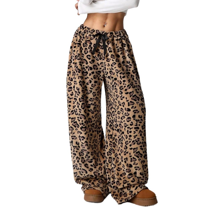 Vhitler Leopard Therian Fuzzy Pajama Pants Women Y2k Cheetah Grunge High Waisted Fluffy Pants (Brown, M, Medium) - Image 1