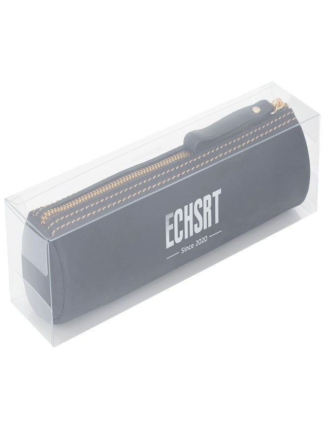 ECHSRT Small Pencil Pouch-Genuine Full-Grain Leather Pencil Case for Men- Vintage Leather Pouch for Adults-Stationery Organizer Bag for Work & Travel-Cylinder-Black - Image 2
