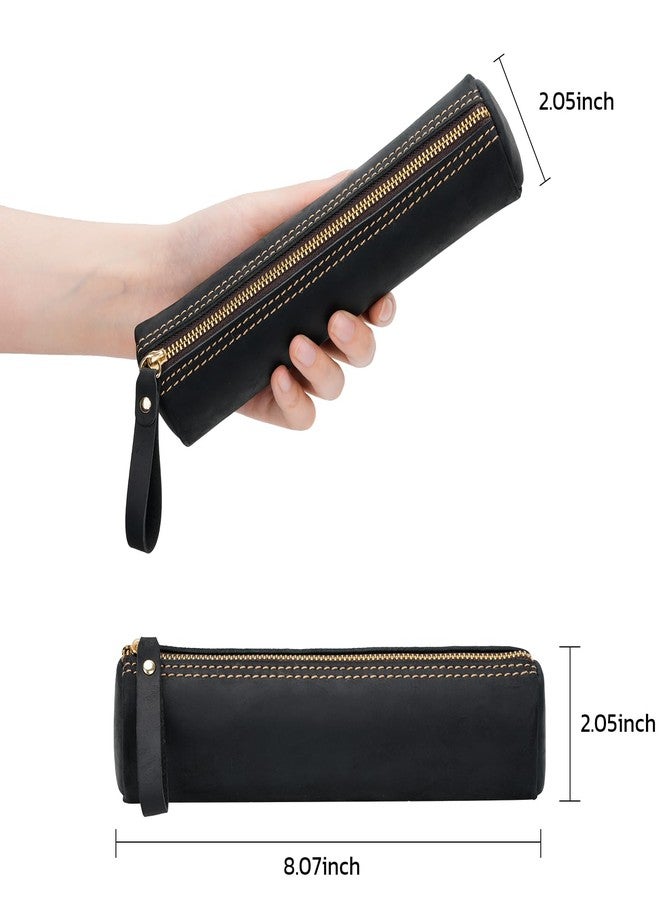 ECHSRT Small Pencil Pouch-Genuine Full-Grain Leather Pencil Case for Men- Vintage Leather Pouch for Adults-Stationery Organizer Bag for Work & Travel-Cylinder-Black - Image 3