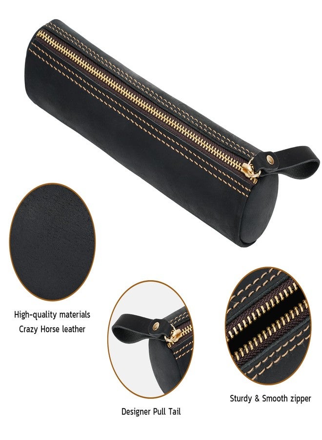 ECHSRT Small Pencil Pouch-Genuine Full-Grain Leather Pencil Case for Men- Vintage Leather Pouch for Adults-Stationery Organizer Bag for Work & Travel-Cylinder-Black - Image 4