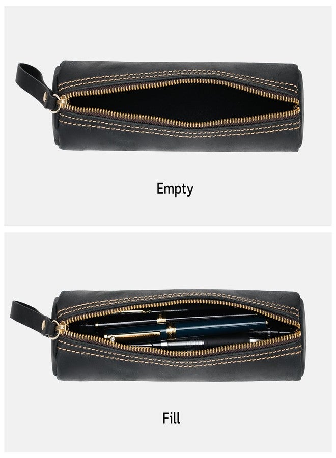 ECHSRT Small Pencil Pouch-Genuine Full-Grain Leather Pencil Case for Men- Vintage Leather Pouch for Adults-Stationery Organizer Bag for Work & Travel-Cylinder-Black - Image 5