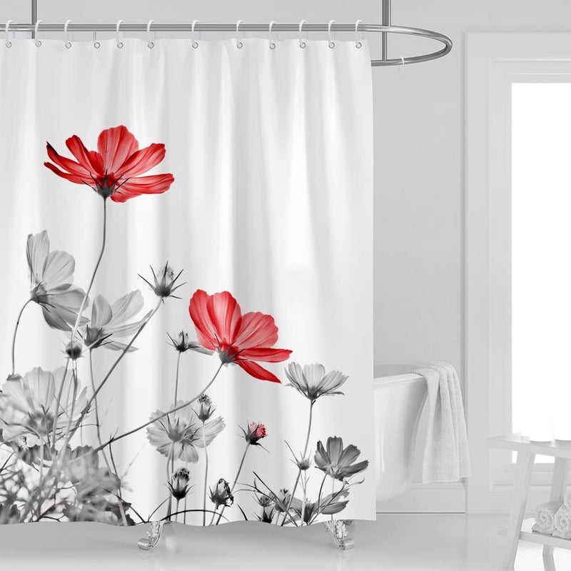Kikiry Red Gray Shower Curtain 60''W x 72''L White Grey Flowers Wildflower Daisy Floral Ink Painting Botanical Simple Elegance Bathroom Curtains Polyester Fabric 12 Pack Plastic Hooks - Image 1
