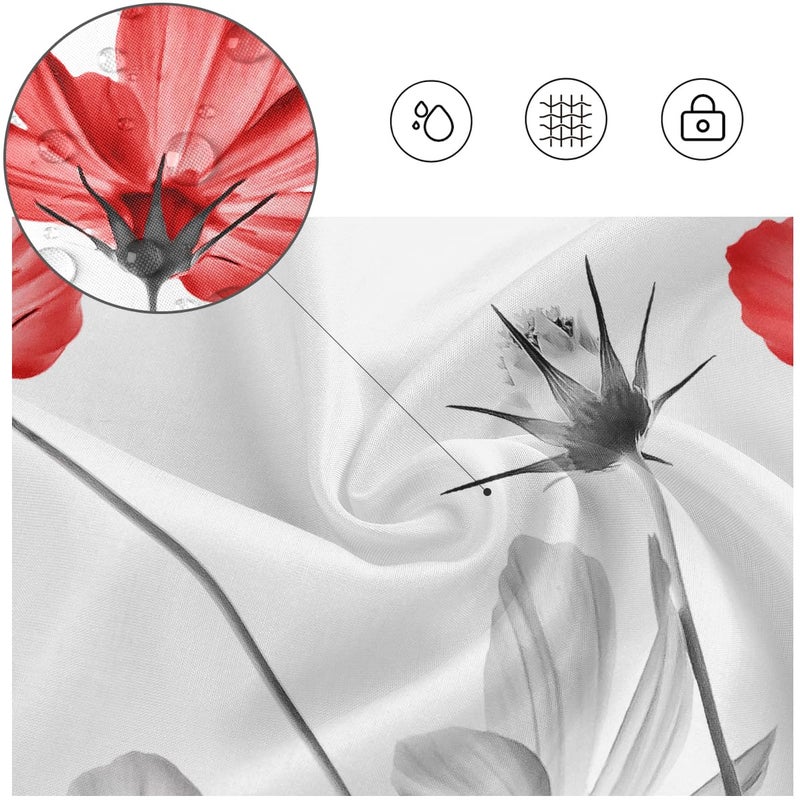 Kikiry Red Gray Shower Curtain 60''W x 72''L White Grey Flowers Wildflower Daisy Floral Ink Painting Botanical Simple Elegance Bathroom Curtains Polyester Fabric 12 Pack Plastic Hooks - Image 2