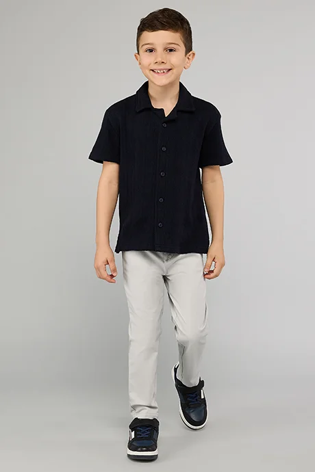 أر أند بي Textured Knit Shirt with Revere Collar and Short Sleeves