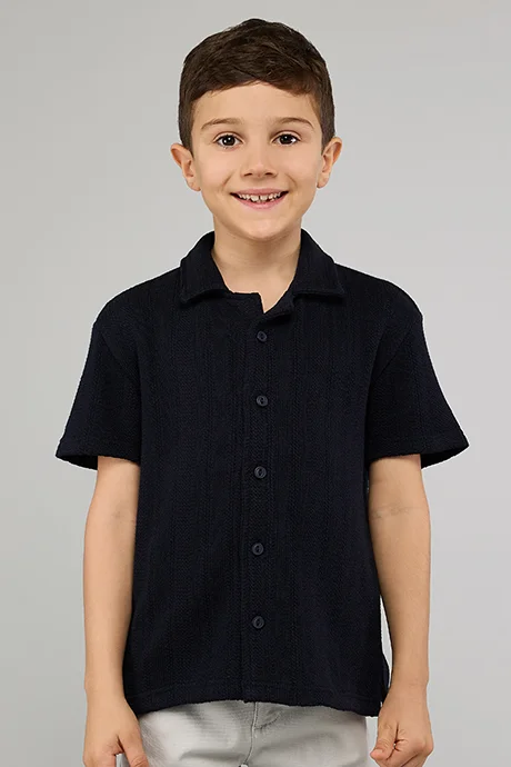 أر أند بي Textured Knit Shirt with Revere Collar and Short Sleeves