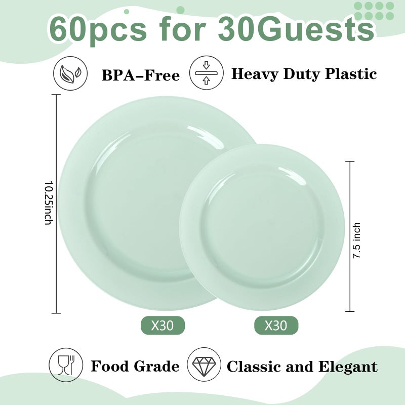 FLOWERCAT 60PCS Sage Green Plates - Heavy Duty Plastic Plates Disposable for Party/Easter - Include 30PCS 10.25inch Sage Green Dinner Plates and 30PCS 7.5inch Dessert Plates - Image 2