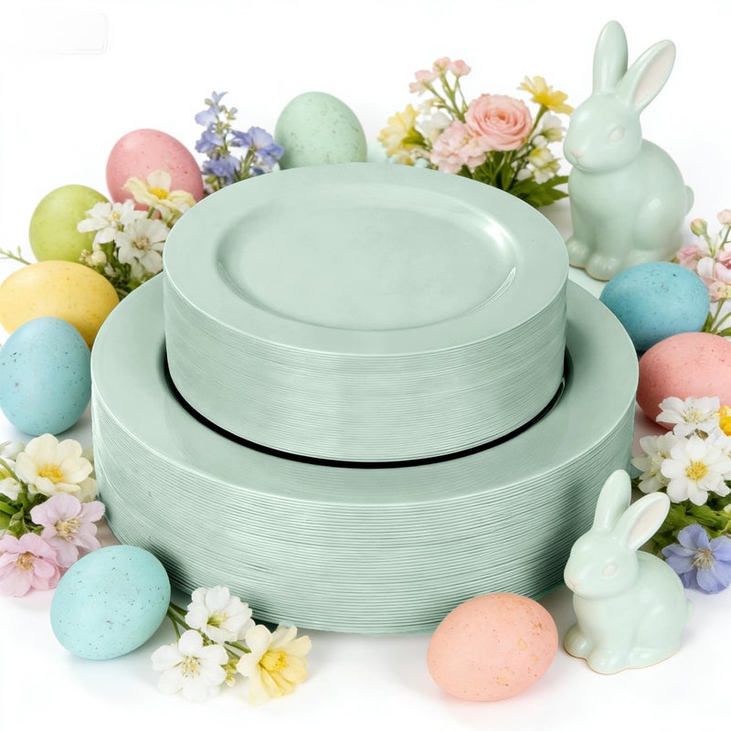 FLOWERCAT 60PCS Sage Green Plates - Heavy Duty Plastic Plates Disposable for Party/Easter - Include 30PCS 10.25inch Sage Green Dinner Plates and 30PCS 7.5inch Dessert Plates - Image 1