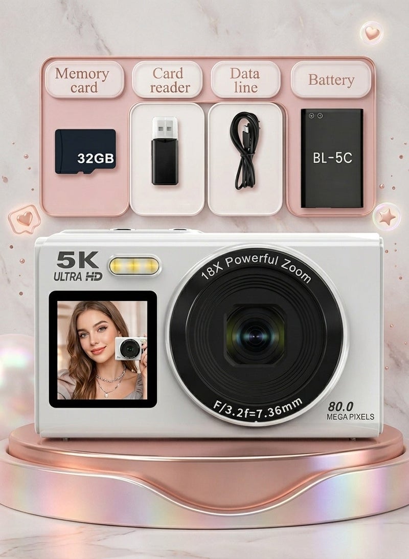 والالا كاميرا رقمية 5K UHD بدقة 80 ميجابكسل مع كاميرات مدمجة مزدوجة الشاشة مقاس 2.8 بوصة و1.5 بوصة وتقريب 18x وتركيز تلقائي وكاميرا فيديو للمراهقين والمبتدئين - Image 1