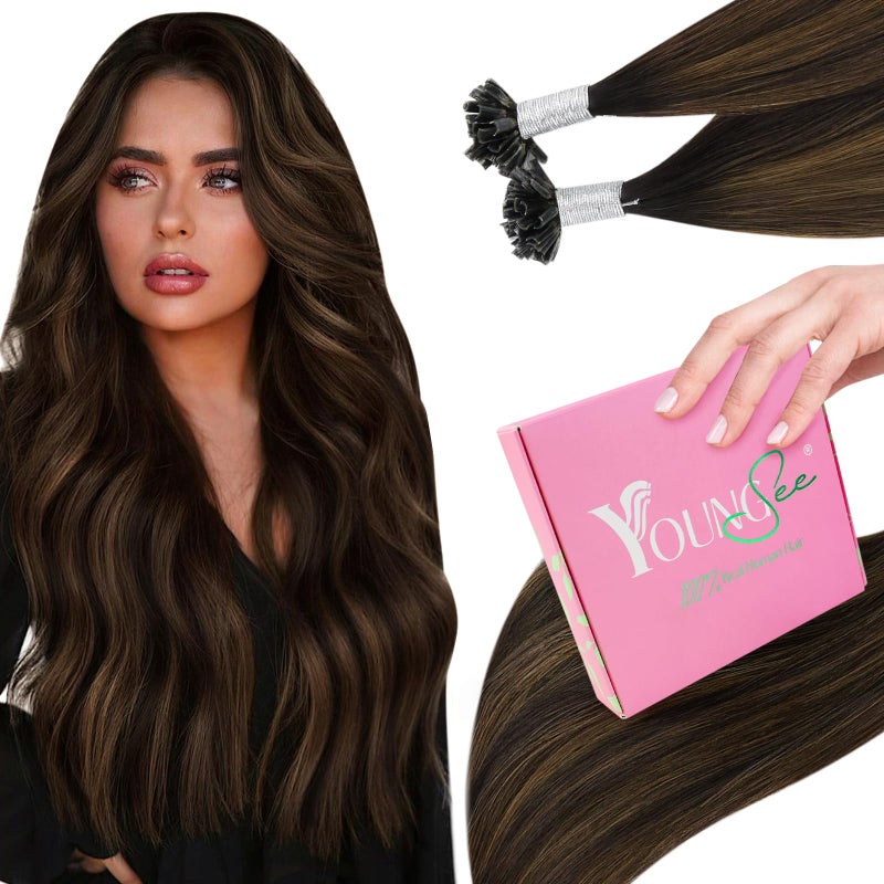 YoungSee Utip Hair Extensions Balayage U Tip Human Hair Extensions Dark Brown with Medium Brown 14Inch Short 50s50G