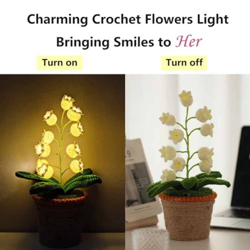 Lily of the Valley Crochet Flower Lamp, Handmade Cordless Night Light with Touch Control, 6 Colors, Warm LED Table Lamp, Birthday Gifts for Women, Cozy Bedroom Home Decor - Image 4