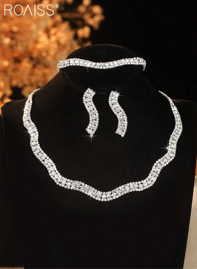 roaiss 4 Pcs Elegant Jewelry Set for Women, Rhinestone Wave-shaped Necklace, Earrings, and Bracelet Stylish and Luxurious Jewelry Perfect Accessory for Parties and Evening Events - Image 4