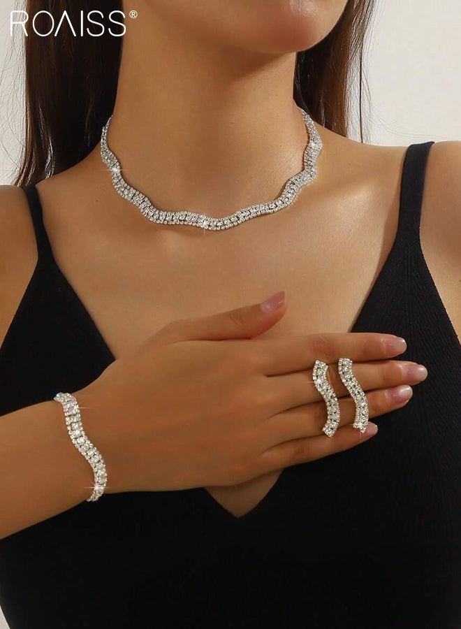 roaiss 4 Pcs Elegant Jewelry Set for Women, Rhinestone Wave-shaped Necklace, Earrings, and Bracelet Stylish and Luxurious Jewelry Perfect Accessory for Parties and Evening Events - Image 2