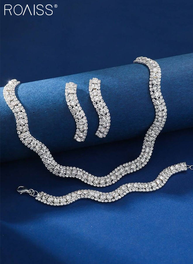 roaiss 4 Pcs Elegant Jewelry Set for Women, Rhinestone Wave-shaped Necklace, Earrings, and Bracelet Stylish and Luxurious Jewelry Perfect Accessory for Parties and Evening Events - Image 3