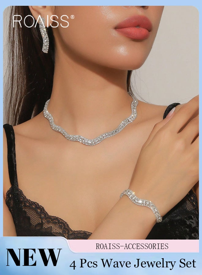 roaiss 4 Pcs Elegant Jewelry Set for Women, Rhinestone Wave-shaped Necklace, Earrings, and Bracelet Stylish and Luxurious Jewelry Perfect Accessory for Parties and Evening Events - Image 1
