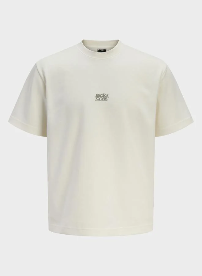 JACK & JONES Men Off White Logo Cotton Crew Neck T-Shirt