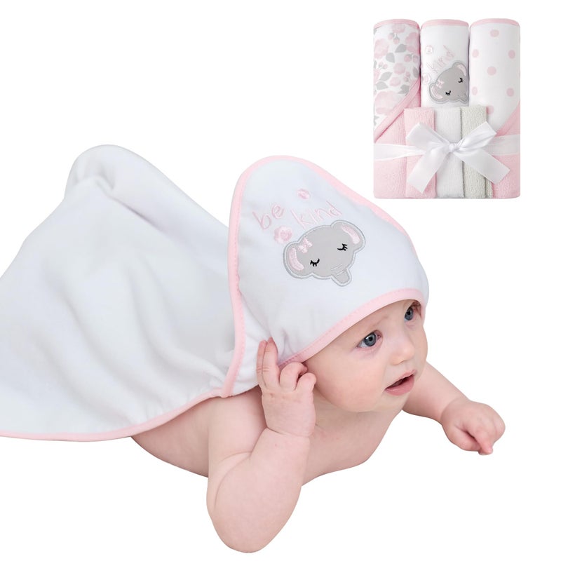 Viviland Baby Towels and Baby Wash Cloths Set Hooded Baby Towels Baby Wipes Absorbent Bath Face Towels Burp Cloths or Face Towels for Girl Boy 6-Pack Size 28 x 28 Inch(Elephant Flower) - Image 2