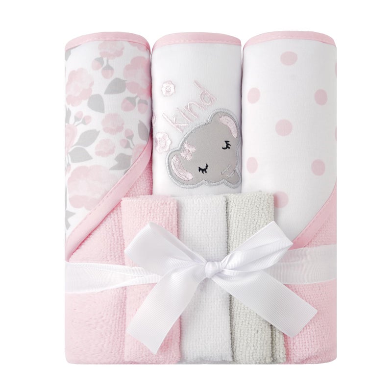 Viviland Baby Towels and Baby Wash Cloths Set Hooded Baby Towels Baby Wipes Absorbent Bath Face Towels Burp Cloths or Face Towels for Girl Boy 6-Pack Size 28 x 28 Inch(Elephant Flower) - Image 1