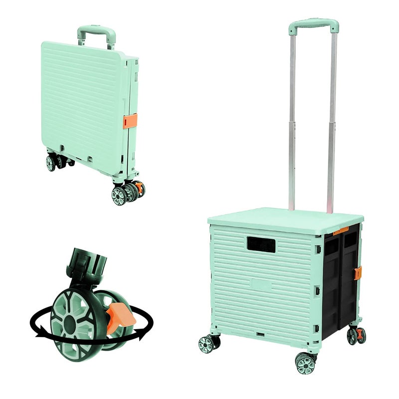 FELICON FELICON SELORSS Foldable Utility Cart Folding Portable Rolling Crate Handcart with Durable Heavy Duty Plastic Telescoping Handle Collapsible 4 Rotate Wheels for Travel Shop Move Luggage OfficeGreen 