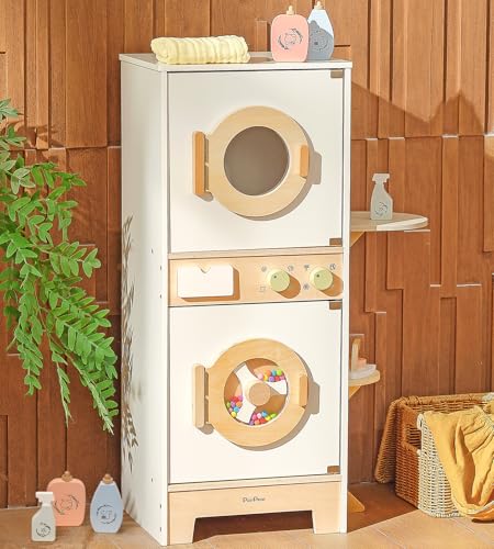 PairPear Wooden Toy Washing Machine Playset Kids Washer Dryer Laundry Playset with Iron Toddler Pretend Kitchen Spinning Bead Drum Toy Gift for Age 3 - Image 1