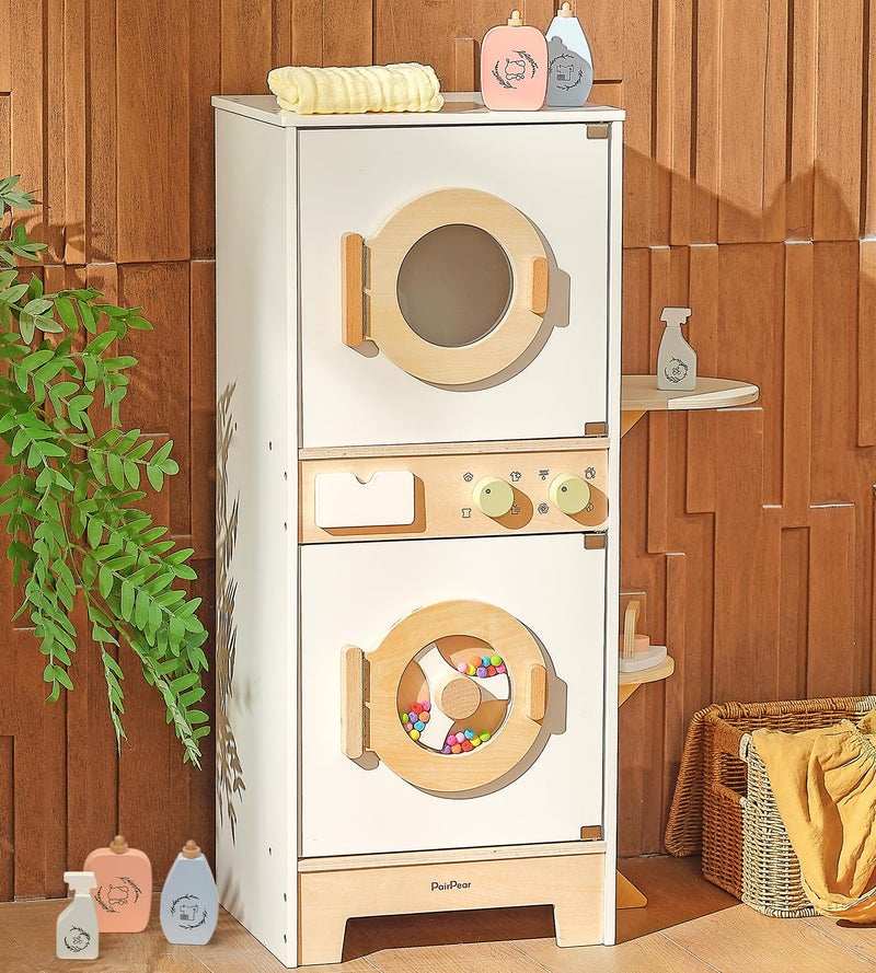 PairPear Wooden Toy Washing Machine Playset Kids Washer Dryer Laundry Playset with Iron Toddler Pretend Kitchen Spinning Bead Drum Toy Gift for Age 3 - Image 3