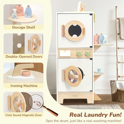 PairPear Wooden Toy Washing Machine Playset Kids Washer Dryer Laundry Playset with Iron Toddler Pretend Kitchen Spinning Bead Drum Toy Gift for Age 3 - Image 5