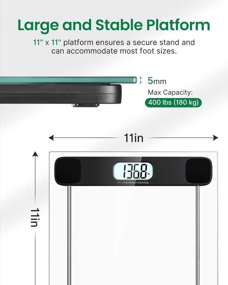 FITINDEX Bathroom Scale for Body Weight, Highly Accurate Digital Weighing Scale with Large LCD Display, Transparent and Slim Tempered Glass, 400 lbs, Black - Image 5