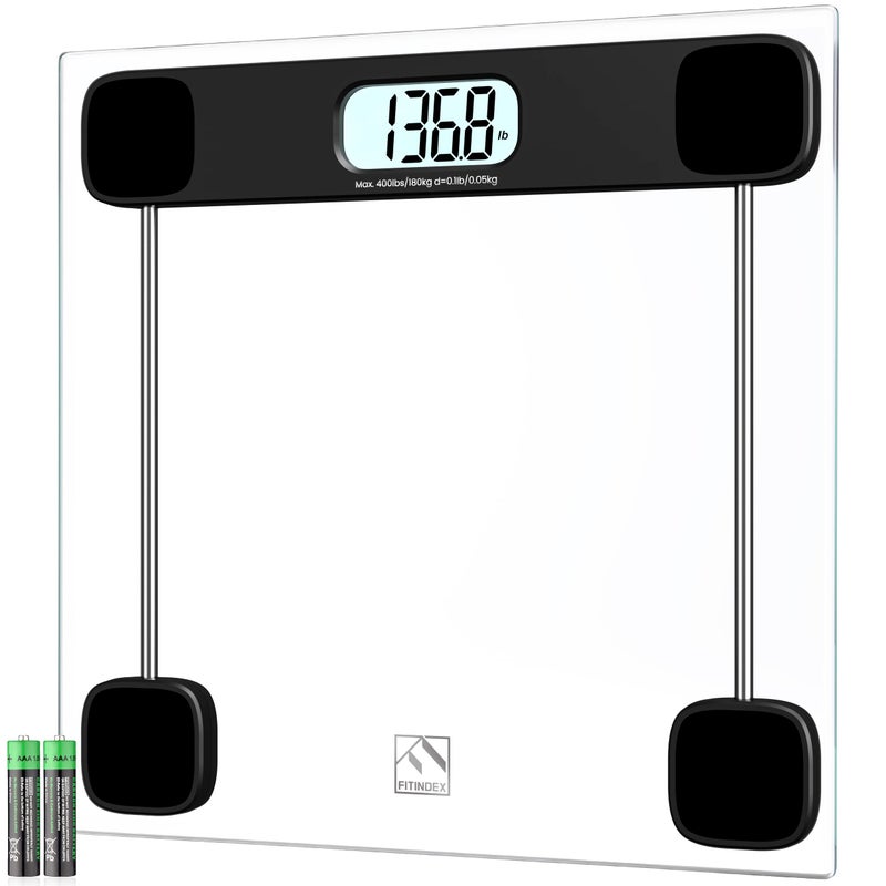 FITINDEX Bathroom Scale for Body Weight, Highly Accurate Digital Weighing Scale with Large LCD Display, Transparent and Slim Tempered Glass, 400 lbs, Black - Image 1