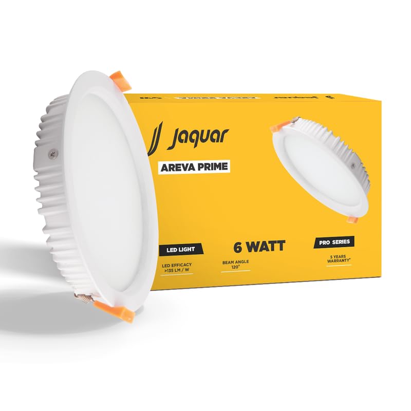 Jaquar 6W Areva Prime Round Downlight with Aluminum housing | 5 Year Warranty | Warm White (3000 k) Sleek Backlit Design | Recessed Mounted False Ceiling | 80 mm Cutout |90x28 mm (Pack 1) - Image 1