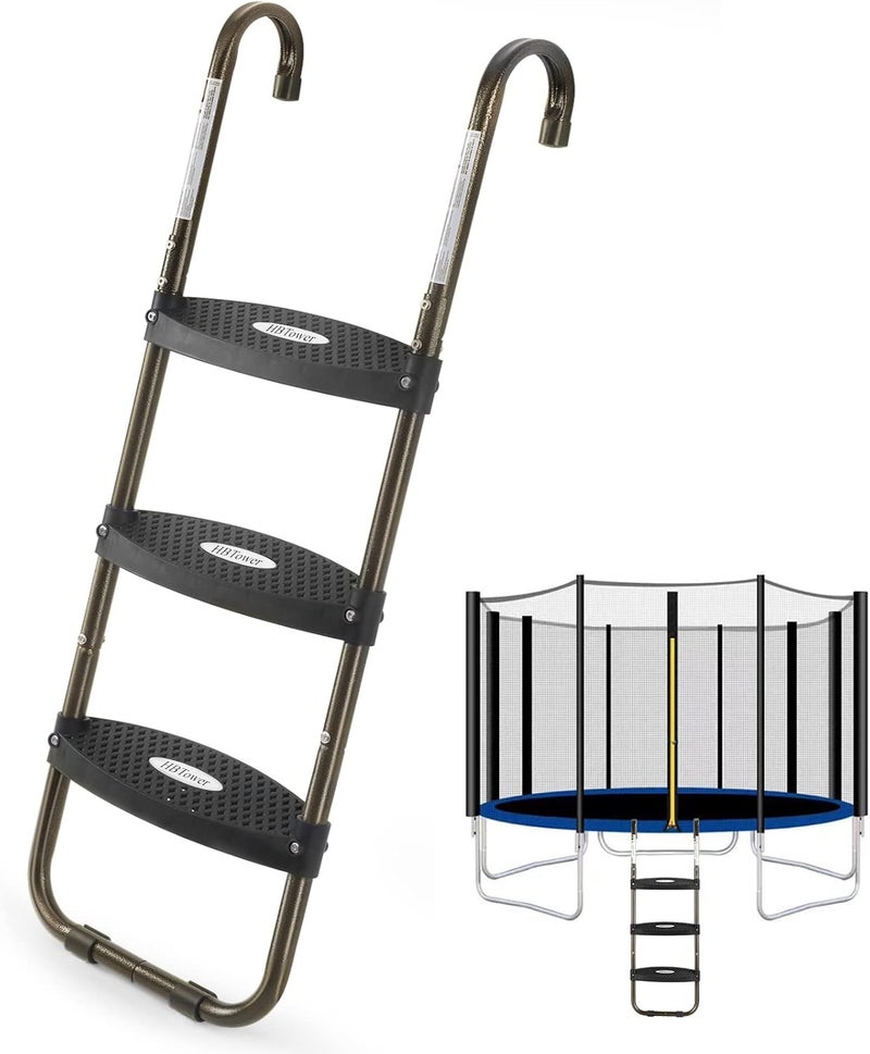 HBTower Trampoline Ladder, 3-Step Trampoline Steps with Horizontal Wide Steps, Skid-Proof Steps Universal Hook, UV Treated Steel, 220Lbs Capacity Trampoline Stairs Accessories for Kids/Children - Image 1
