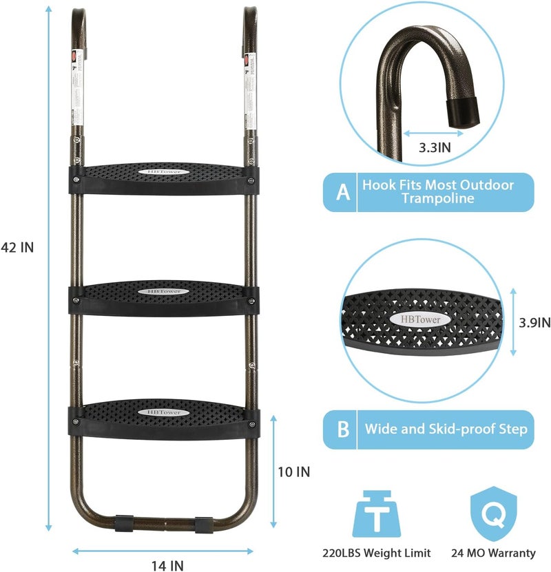 HBTower Trampoline Ladder, 3-Step Trampoline Steps with Horizontal Wide Steps, Skid-Proof Steps Universal Hook, UV Treated Steel, 220Lbs Capacity Trampoline Stairs Accessories for Kids/Children - Image 3