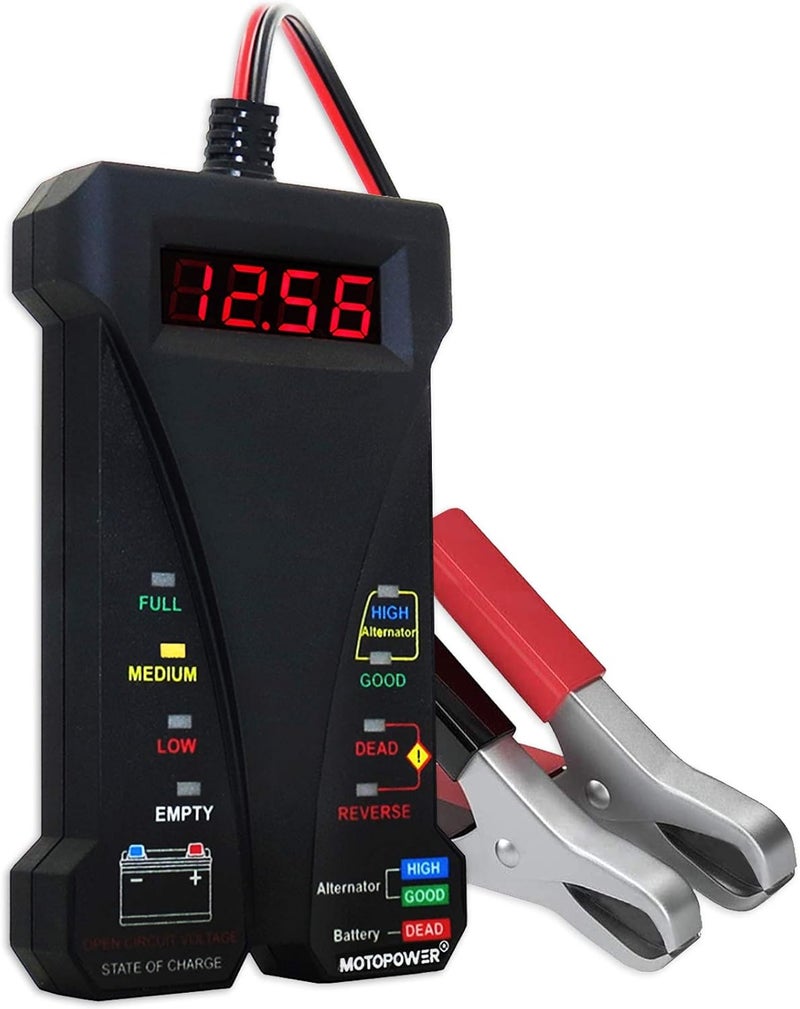 موتوباور 12V فاحص بطارية رقمي وفولتميتر ومحلل نظام شحن المولد مع شاشة LCD ومؤشر LED، طلاء مطاطي أسود - Image 1
