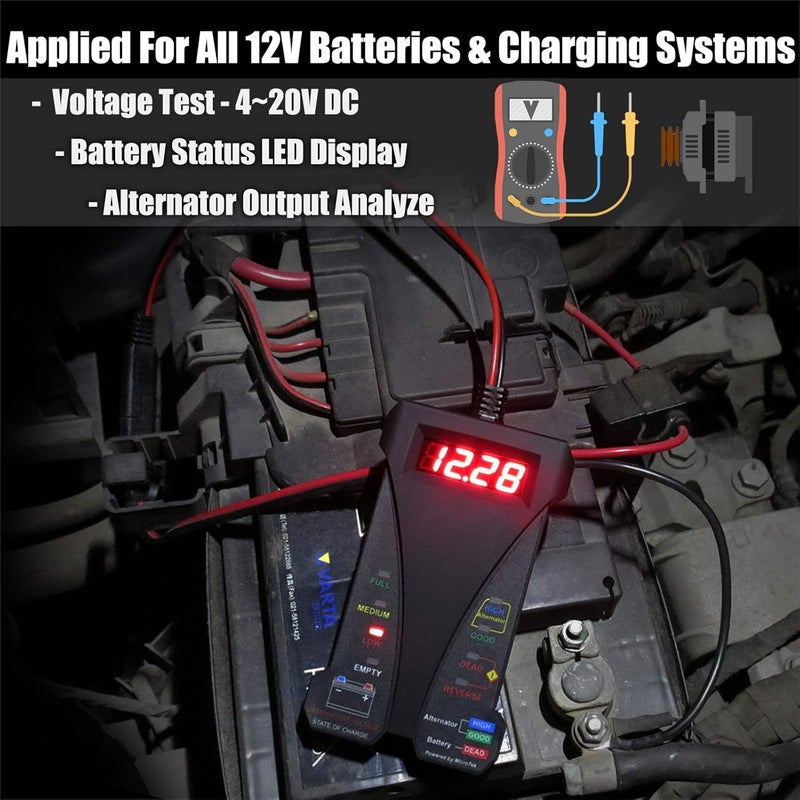 موتوباور 12V فاحص بطارية رقمي وفولتميتر ومحلل نظام شحن المولد مع شاشة LCD ومؤشر LED، طلاء مطاطي أسود - Image 2