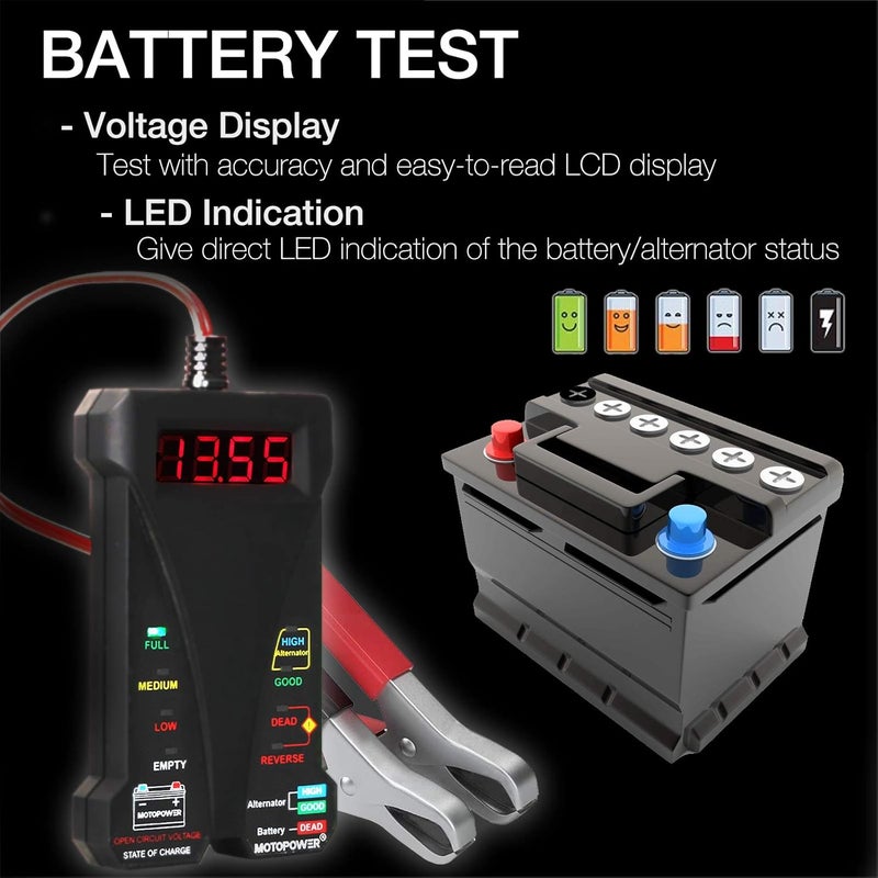 موتوباور 12V فاحص بطارية رقمي وفولتميتر ومحلل نظام شحن المولد مع شاشة LCD ومؤشر LED، طلاء مطاطي أسود - Image 3