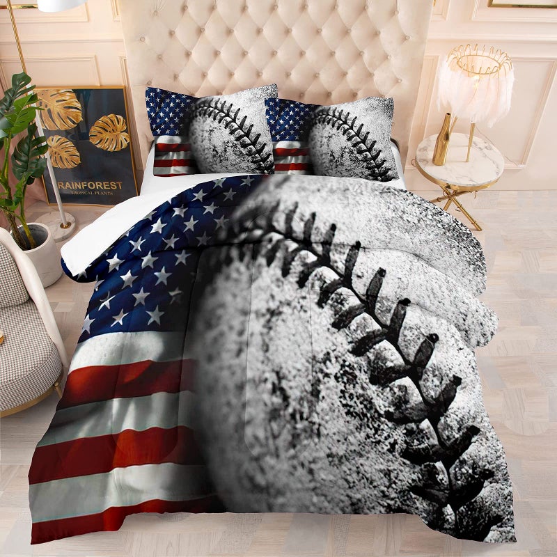 Bodhi Boys Sports Bedding Set Queen Baseball Comforter With American Flag Teen Bedding With Pillowcases Grey