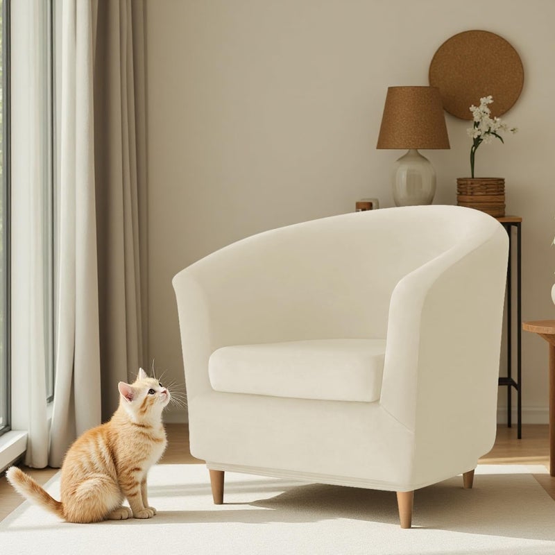 Deisy Dee 2 Piece Velvet Club Chair Slipcover Stretch Barrel Chair Covers Accent Chair Cover Removable Couch Furniture Protector Arm Chair Cover for Living Room (Beige) - Image 2
