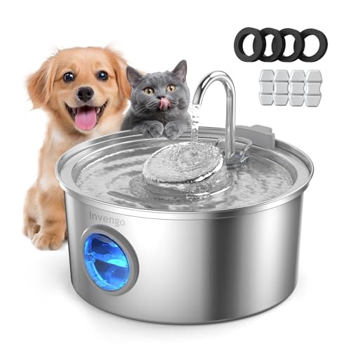 Invengo Cat Water Fountain Stainless Steel, 3.2L/108oz Pet Drinking Fountain for Cats Dogs, Automatic Cat Fountain with 2 Flow Modes, Splash-Proof Bowl, Includes 4 Replacement Filters - Image 1