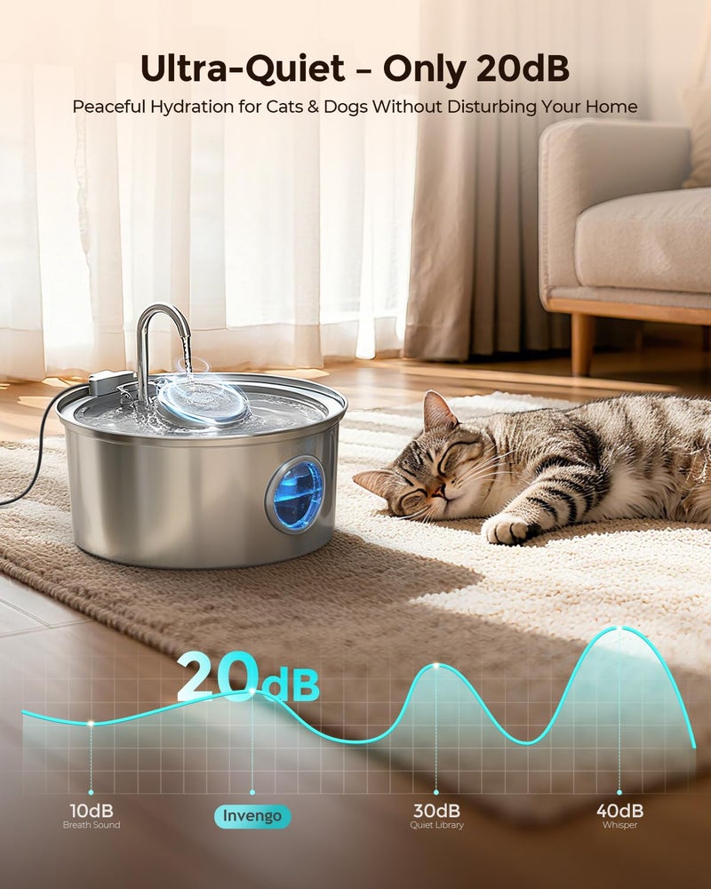 Invengo Cat Water Fountain Stainless Steel, 3.2L/108oz Pet Drinking Fountain for Cats Dogs, Automatic Cat Fountain with 2 Flow Modes, Splash-Proof Bowl, Includes 4 Replacement Filters - Image 5