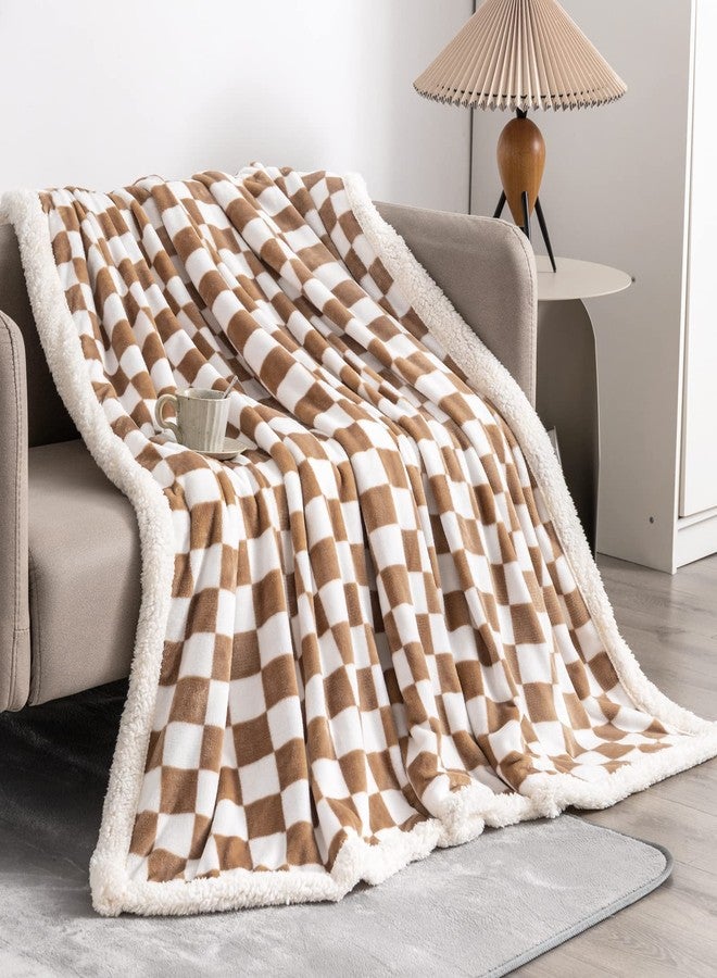 LOMAO Sherpa Throw Blanket Fleece Blanket with Checkered Pattern Soft Thick Blanket for Couch, Bed, Sofa Luxurious Warm and Cozy for All Seasons (Khaki, 51"x63") - Image 2