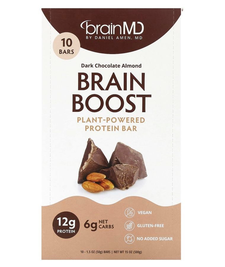 BRAINMD Brain Boost Plant-Powered Protein Bar Dark Chocolate Almond 10 Bars 1.5 oz (50 g) Each