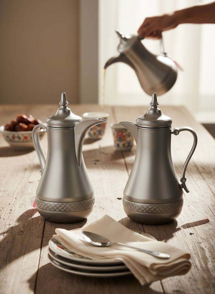 REEM 2-Piece Stainless Steel Tea/Coffee Dallah & Flask Set 1.0+1.0 Liters Silver - Image 1
