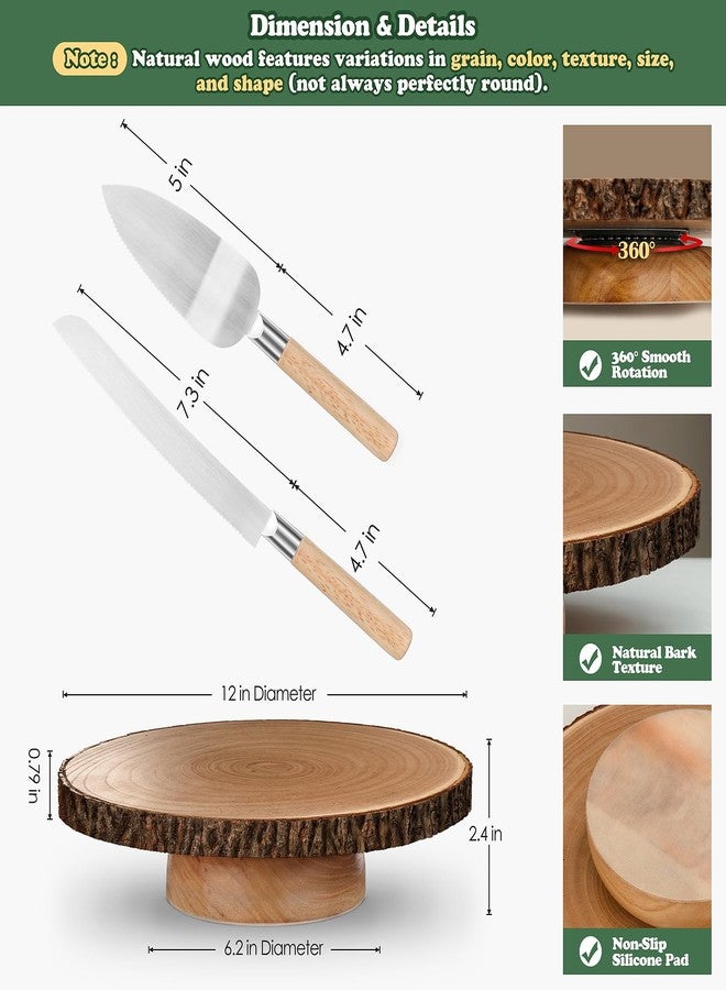 GrnVibe Rotating Cake Stand 12" Wood Cake Stand with Cake Cutting Set,Rustic Wooden Cake Stands for Party/Wedding/Baking Gifts/Event/Cake Turntable for Decorating - Image 3