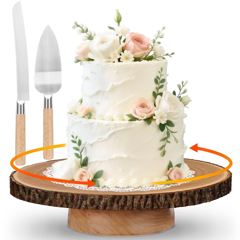 GrnVibe Rotating Cake Stand 12" Wood Cake Stand with Cake Cutting Set,Rustic Wooden Cake Stands for Party/Wedding/Baking Gifts/Event/Cake Turntable for Decorating - Image 1