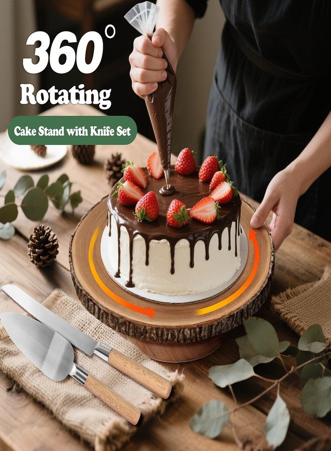 GrnVibe Rotating Cake Stand 12" Wood Cake Stand with Cake Cutting Set,Rustic Wooden Cake Stands for Party/Wedding/Baking Gifts/Event/Cake Turntable for Decorating - Image 4