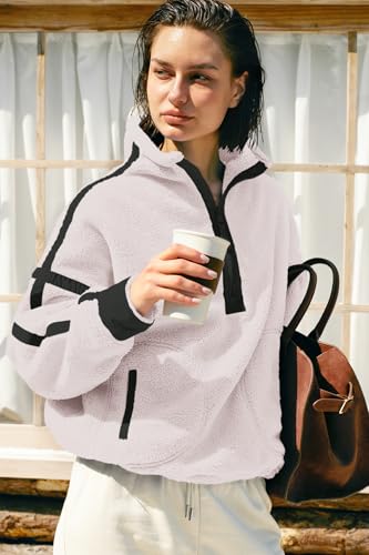 Panadila Womens Half Zip Sherpa Fleece Pullover Soft Oversized Sweatshirt with Pockets Warm Fuzzy Sweater (White,XL) - Image 4
