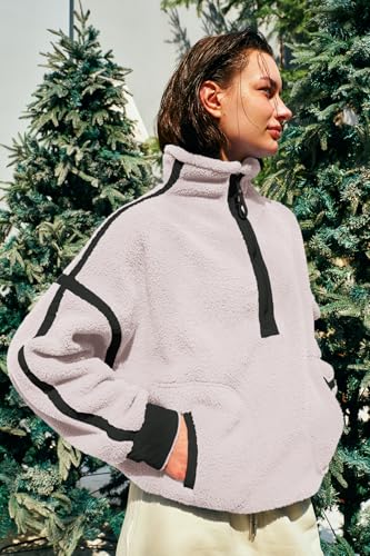 Panadila Womens Half Zip Sherpa Fleece Pullover Soft Oversized Sweatshirt with Pockets Warm Fuzzy Sweater (White,XL) - Image 3
