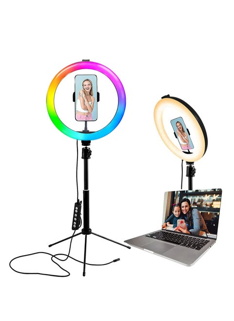RGB LED Ring Light with Adjustable Tripod Stand – 14 RGB Modes, 3 Natural Colors, 10 Brightness Levels – Expandable Pole – Perfect for YouTube, Zoom, and Live Streaming