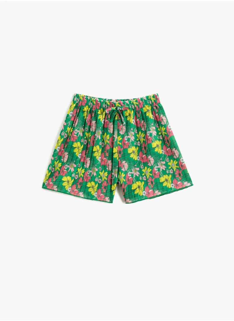 KOTON Floral Pleated Shorts Bow-Tie Detail Elastic Waistband