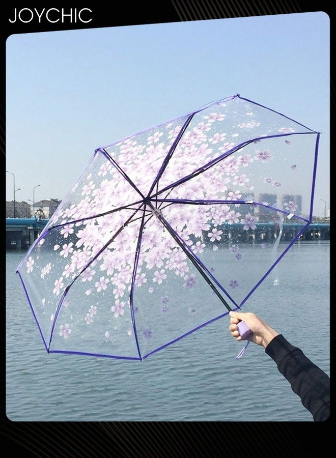 Joychic Print Transparent Umbrella Clear Portable Compact Small Light Weight Waterproof Rain and Sun Umbrella Purple - Image 1