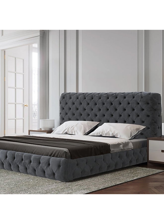 Abberton Buttoned Velvet Upholstered Bed 160x200cm Queen size Bed in Dark Grey Color